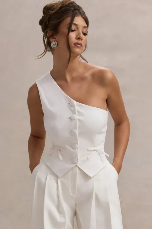 Lelia | Cream One Shoulder Tailored Top With Bows