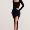 Leni | Black Square Neck Long Sleeve Midi Dress with Tie Detail and Split Hem