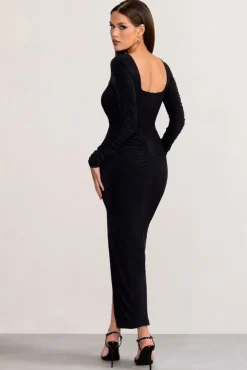 Leni | Black Square Neck Long Sleeve Midi Dress with Tie Detail and Split Hem