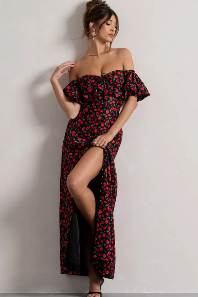 Lenna | Black u0026 Red Floral Bardot Buttoned Split Maxi Dress