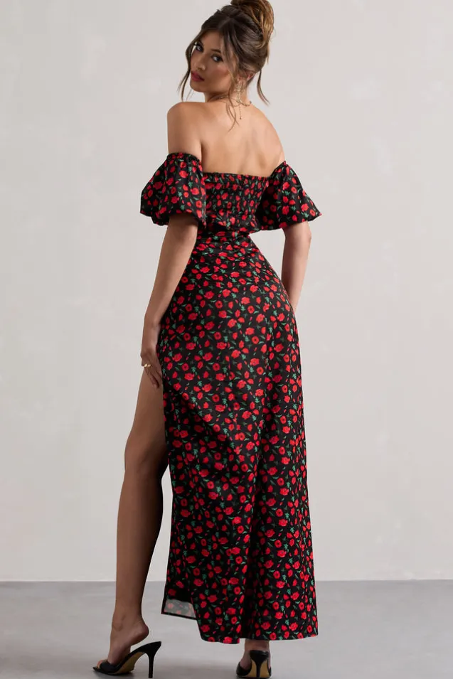 Lenna | Black u0026 Red Floral Bardot Buttoned Split Maxi Dress