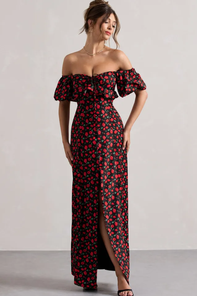 Lenna | Black u0026 Red Floral Bardot Buttoned Split Maxi Dress