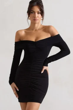 Leola | Black Ruched Bodycon Bardot Long Sleeve Mini Dress