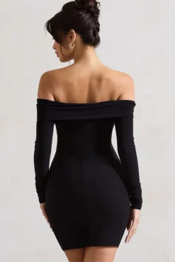 Leola | Black Ruched Bodycon Bardot Long Sleeve Mini Dress