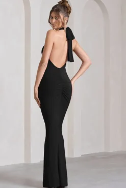 Leonie | Black Halter-Neck Split Maxi Dress With Wrap Detail