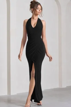 Leonie | Black Halter-Neck Split Maxi Dress With Wrap Detail