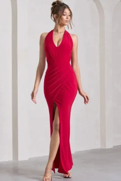 Leonie | Red Halter-Neck Split Maxi Dress With Wrap Detail