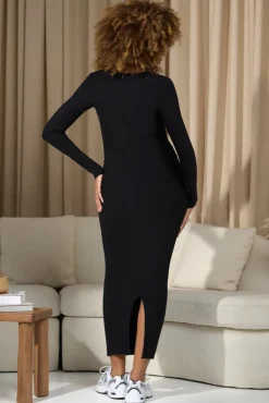Leonora | Black Square-Neck Long-Sleeve Split Maternity Midi Dress