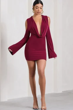 Let's Escape | Berry Cowl-Neck Cut-Out Long-Sleeved Mini Dress