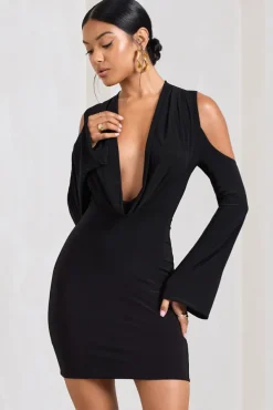 Let's Escape | Black Cowl-Neck Cut-Out Long-Sleeved Mini Dress