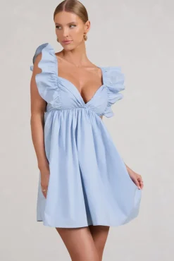 Let's Laze | Blue Poplin Smocked Mini Dress With Frilled Straps