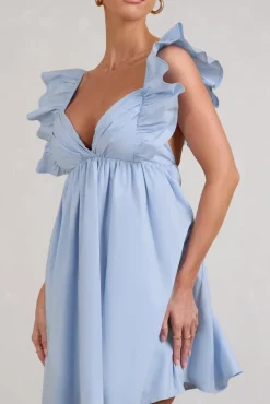 Let's Laze | Blue Poplin Smocked Mini Dress With Frilled Straps