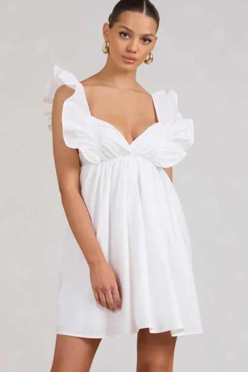 Let's Laze | White Poplin Smocked Mini Dress With Frilled Straps