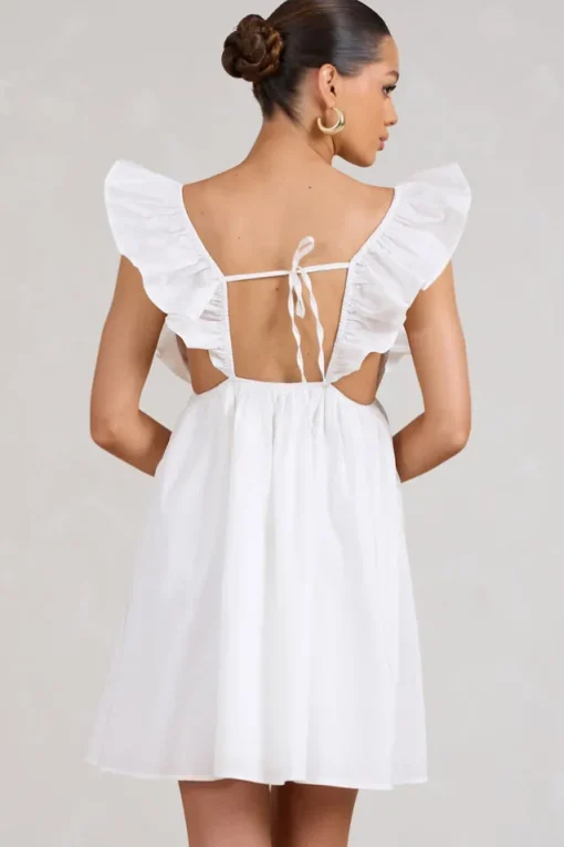Let's Laze | White Poplin Smocked Mini Dress With Frilled Straps