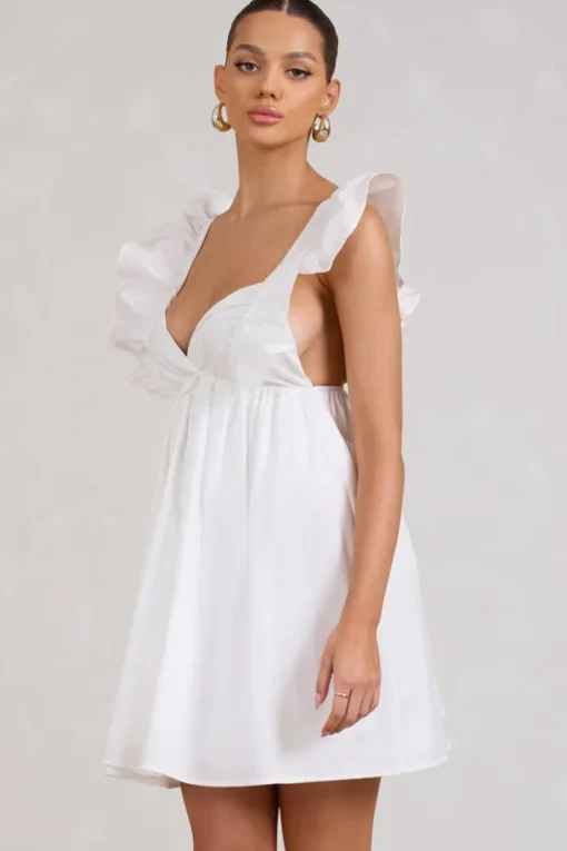 Let's Laze | White Poplin Smocked Mini Dress With Frilled Straps