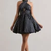 Levie | Navy Polka Dot Halter-Neck Mini Dress