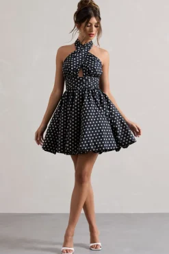 Levie | Navy Polka Dot Halter-Neck Mini Dress