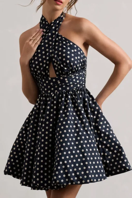 Levie | Navy Polka Dot Halter-Neck Mini Dress