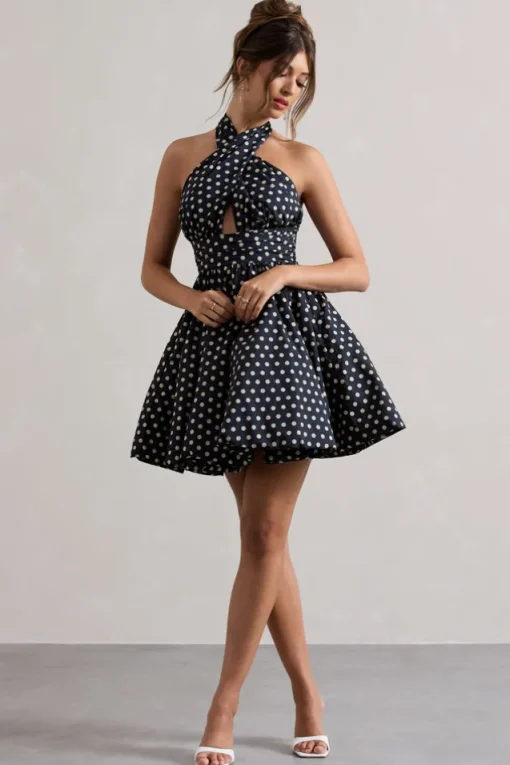 Levie | Navy Polka Dot Halter-Neck Mini Dress