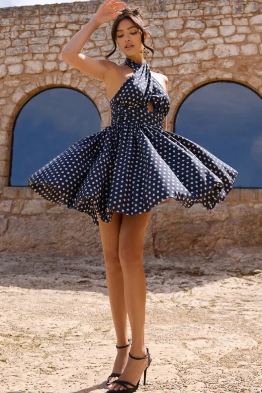 Levie | Navy Polka Dot Halter-Neck Mini Dress