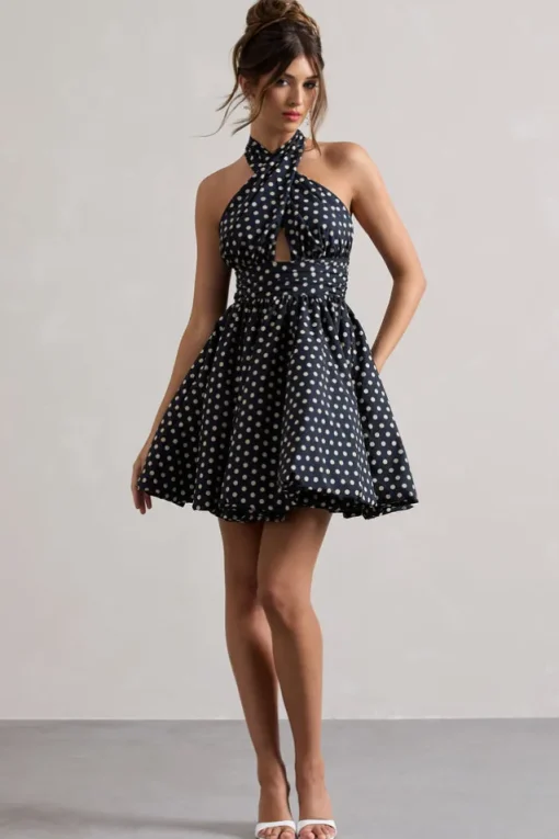 Levie | Navy Polka Dot Halter-Neck Mini Dress