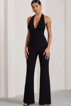 Lexie | Black Halter-Neck Sleeveless Flared-Leg Jumpsuit