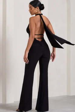 Lexie | Black Halter-Neck Sleeveless Flared-Leg Jumpsuit