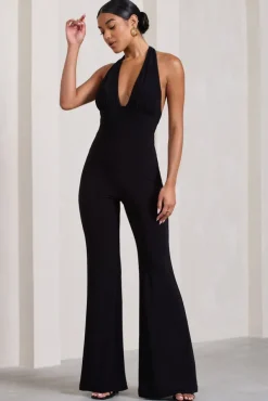 Lexie | Black Halter-Neck Sleeveless Flared-Leg Jumpsuit