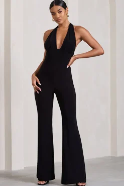 Lexie | Black Halter-Neck Sleeveless Flared-Leg Jumpsuit