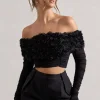 Libbie | Black Mesh Floral Bardot Top