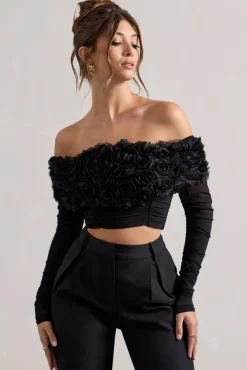 Libbie | Black Mesh Floral Bardot Top