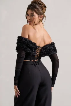 Libbie | Black Mesh Floral Bardot Top