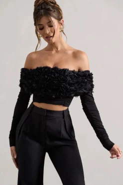 Libbie | Black Mesh Floral Bardot Top