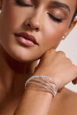Libby | Silver Diamante Pendant Layered Cuff Bracelet