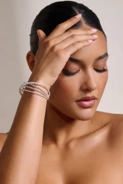 Libby | Silver Diamante Pendant Layered Cuff Bracelet