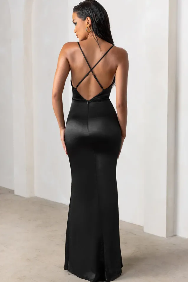 Lifetime | Black Satin Cowl Neck Maxi Dress With Cross Back Detail