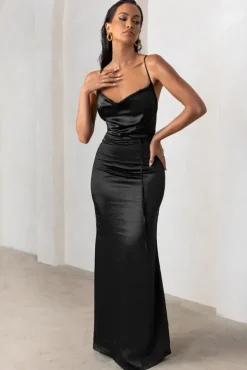 Lifetime | Black Satin Cowl Neck Maxi Dress With Cross Back Detail