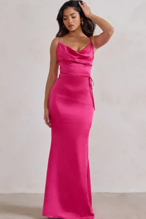 Lifetime | Fuchsia Pink Satin Cowl Neck Maxi Dress With Cross Back Detail