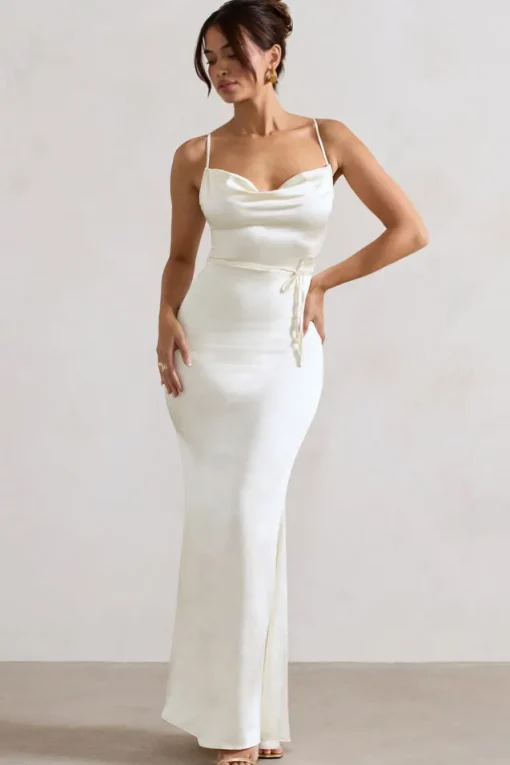 Lifetime | Ivory Satin Cowl Neck Maxi Dress With Cross Back Detail