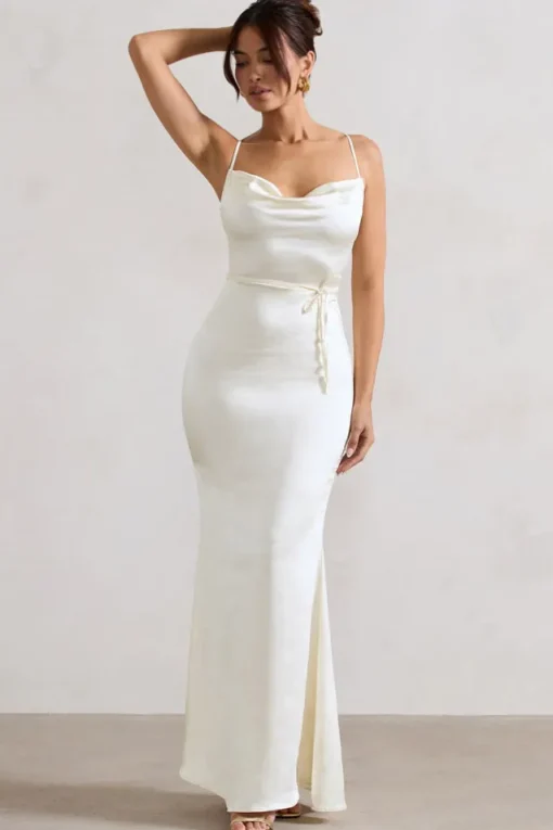 Lifetime | Ivory Satin Cowl Neck Maxi Dress With Cross Back Detail