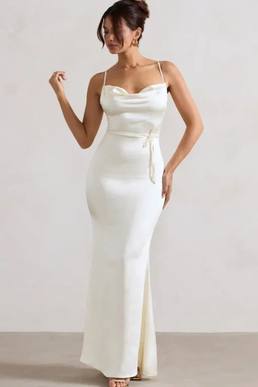 Lifetime | Ivory Satin Cowl Neck Maxi Dress With Cross Back Detail