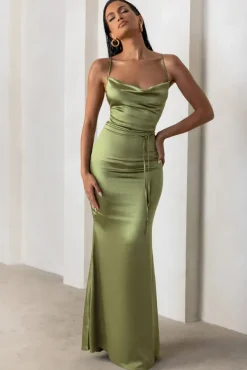 Lifetime | Olive Satin Cowl Neck Maxi Dress With Cross Back Detail