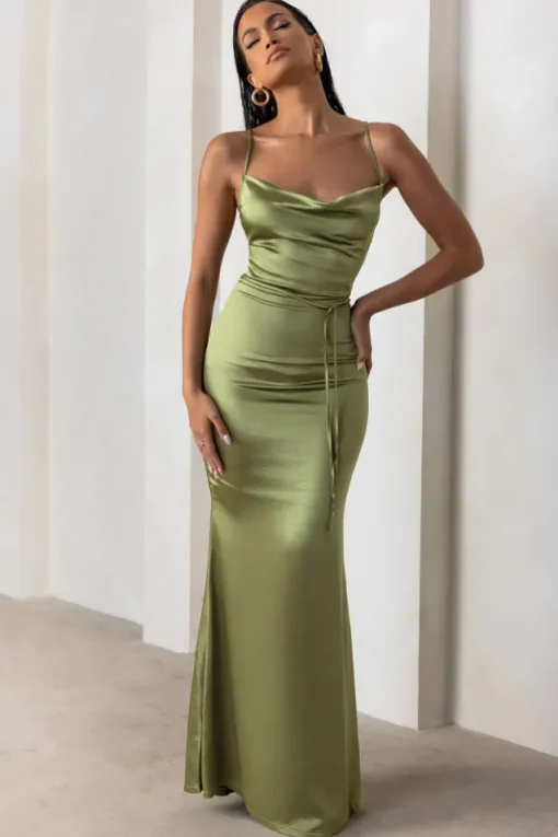 Lifetime | Olive Satin Cowl Neck Maxi Dress With Cross Back Detail