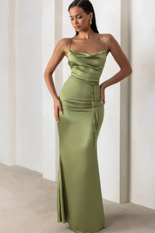 Lifetime | Olive Satin Cowl Neck Maxi Dress With Cross Back Detail