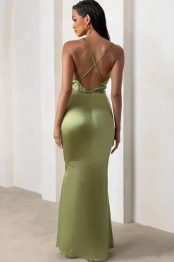 Lifetime | Olive Satin Cowl Neck Maxi Dress With Cross Back Detail
