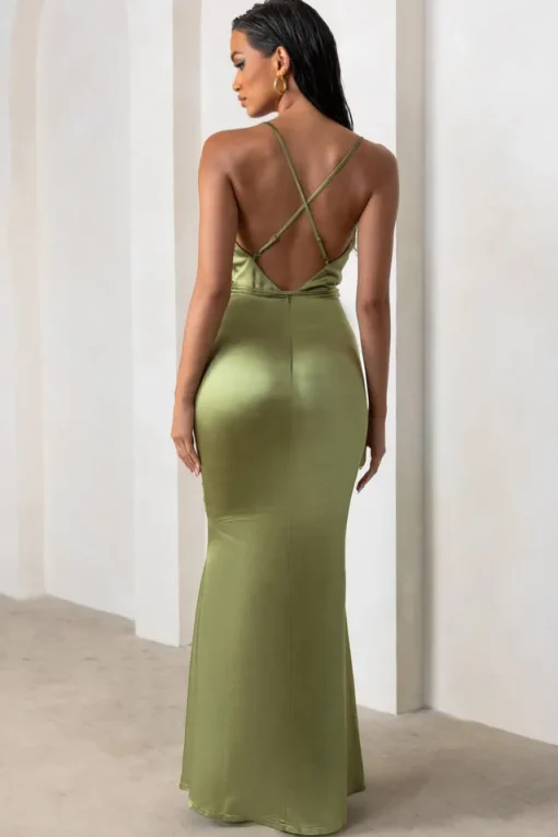 Lifetime | Olive Satin Cowl Neck Maxi Dress With Cross Back Detail
