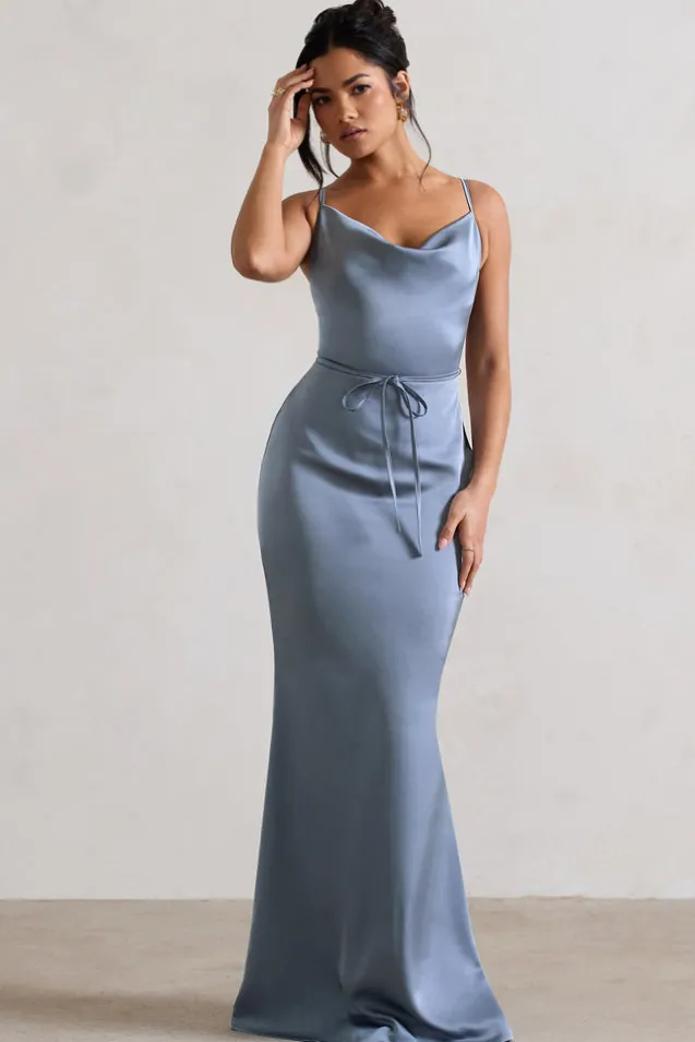 Lifetime | Slate Blue Satin Cowl Neck Maxi Dress With Cross Back Detail