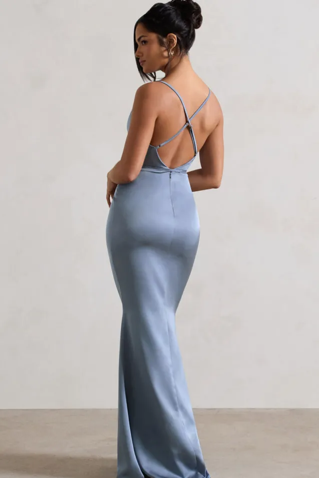 Lifetime | Slate Blue Satin Cowl Neck Maxi Dress With Cross Back Detail