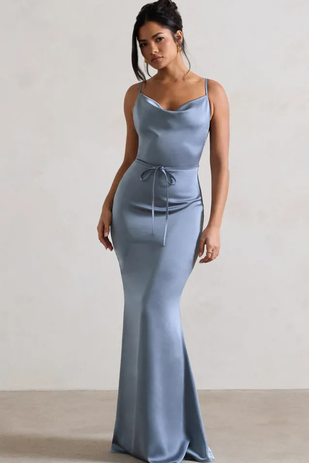 Lifetime | Slate Blue Satin Cowl Neck Maxi Dress With Cross Back Detail