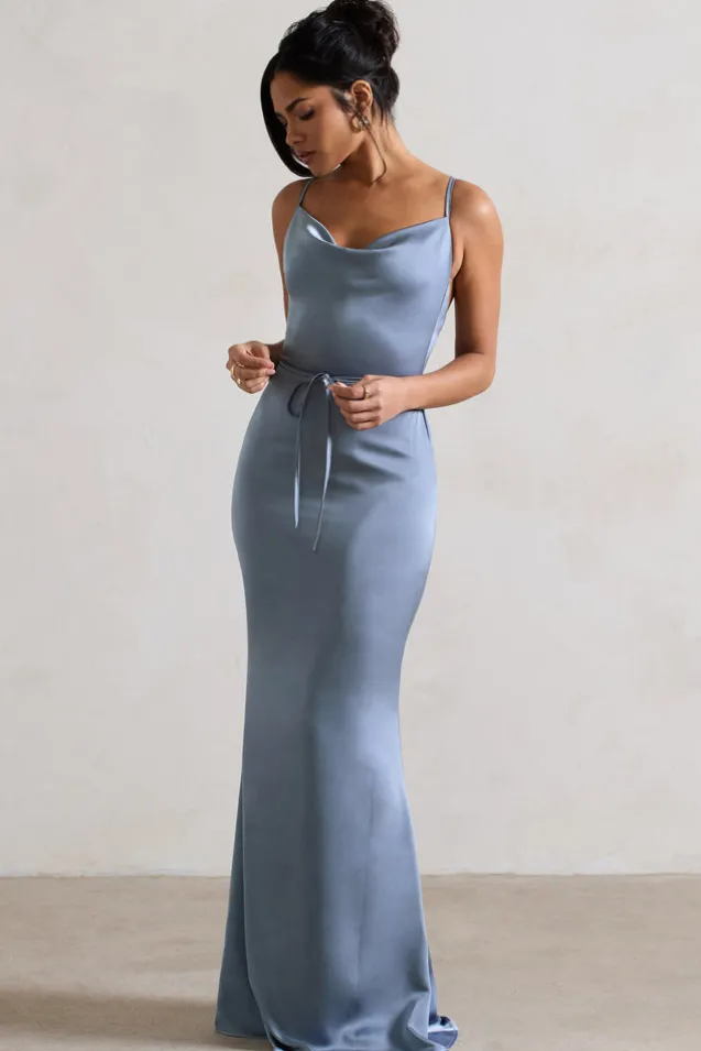 Lifetime | Slate Blue Satin Cowl Neck Maxi Dress With Cross Back Detail